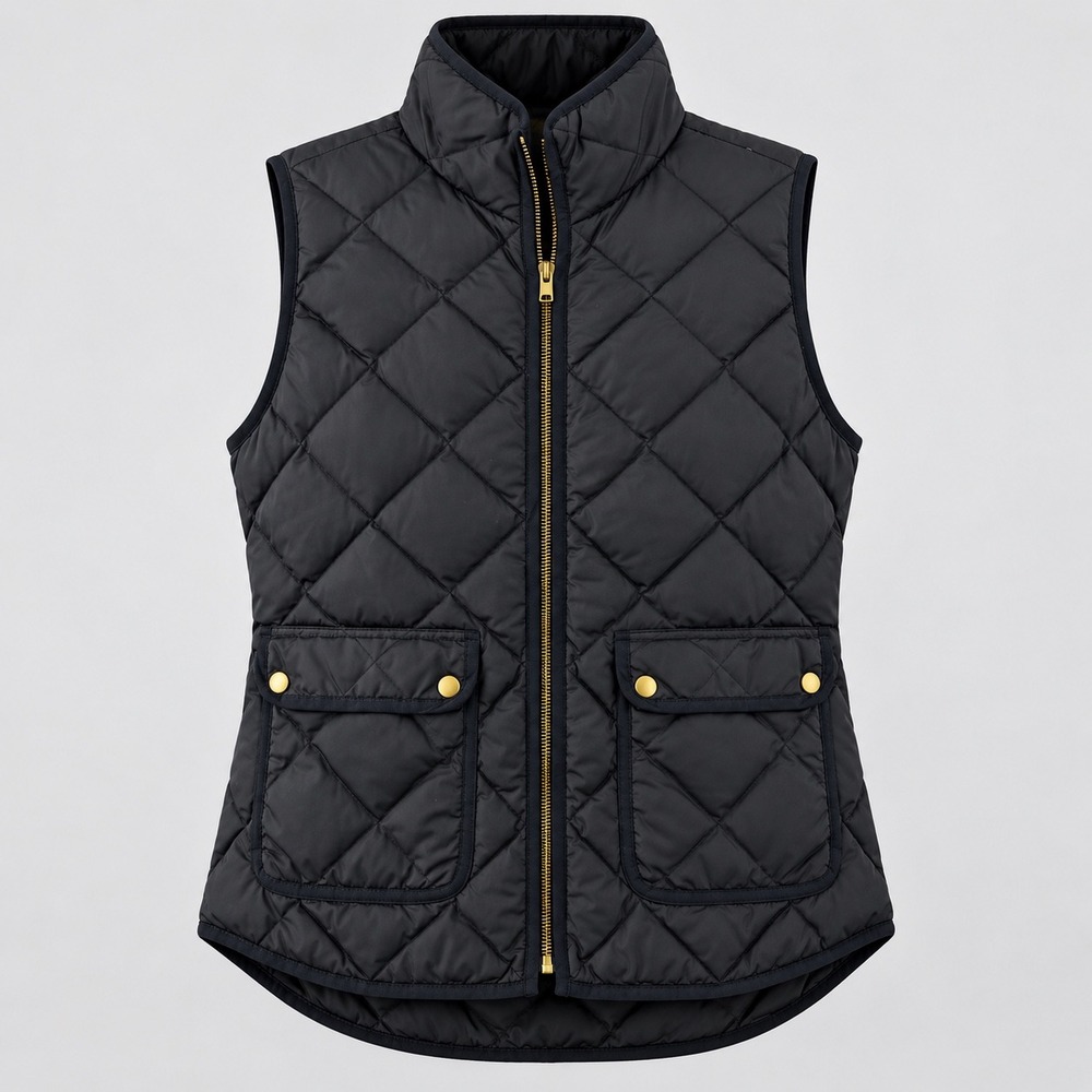 J.Crew Quilted Puffer Vest Size M Black Down Double Zip Preppy Classic Layering